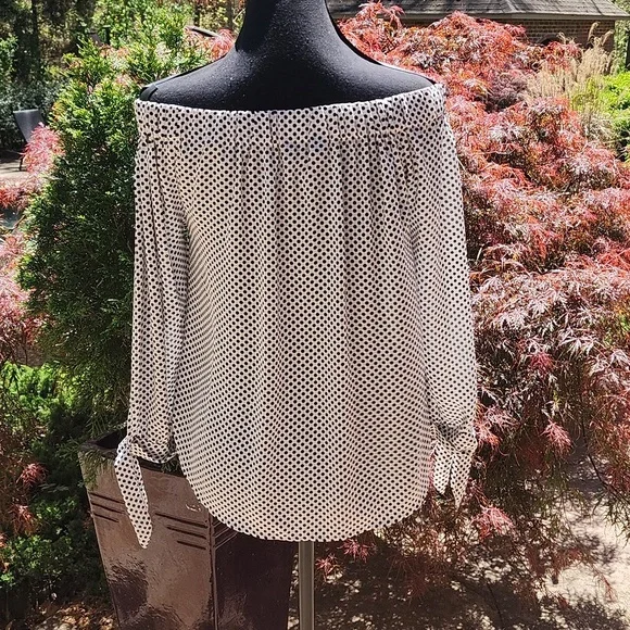Express Black and White Polka Dot Blouse Off The Shoulder Tie Sleeves Small - Picture 4 of 5